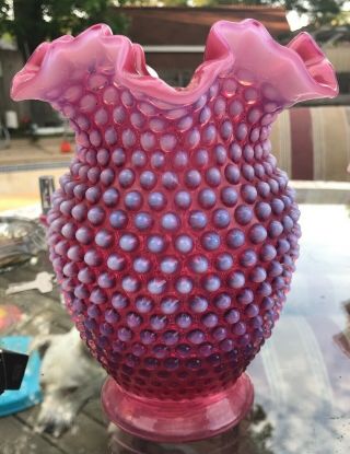 Vintage Fenton Glass Vase Cranberry Opalescent Hobnail 8” H Ruffled Rim