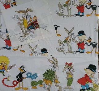 Vintage Looney Tunes Twin Sheet Set Taz Bugs Bunny Elmer Fudd Daffy Duck Yosemit