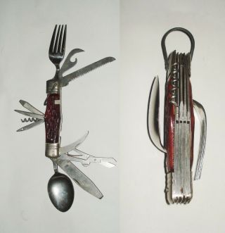 Vintage Camping Survival Folding Pocket Knife Spoon Fork Scissor Saw Multi - Tool