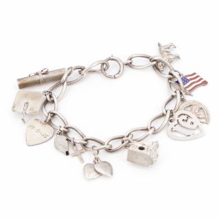 Vtg Sterling Silver - Flag Church Hearts Charm 7 " Chain Toggle Bracelet - 32.  5g