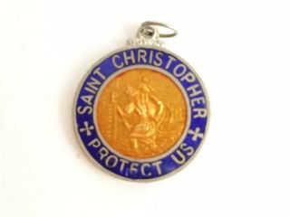 St.  Christopher Protect Us Surf Surfer Enamel Medal Charm Vintage