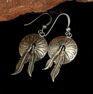 Old Pawn Native Navajo Vintage Traditional Sterling Concho Feather Earrings