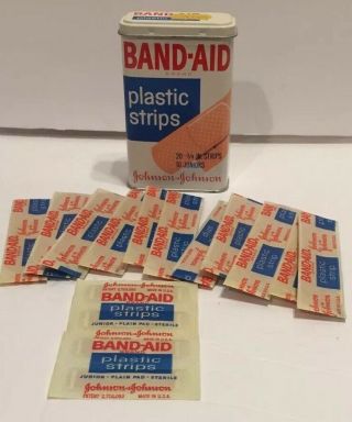 Vintage Johnson Band Aid Plastic Strips Box With 16 Bandages Metal Tin