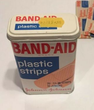 Vintage Johnson Band Aid Plastic Strips Box With 16 Bandages Metal Tin 3