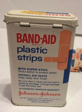 Vintage Johnson Band Aid Plastic Strips Box With 16 Bandages Metal Tin 4