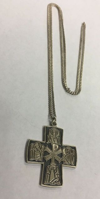 Vintage Chi Rho Sterling Silver Cross Pendant On 16” Sterling Chain Signed