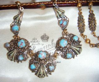 Vintage Art Deco Gorgeous Czech Filigree Enamel Turquoise Five Panel Necklace