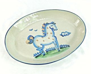 M.  A.  Hadley Signed Vintage Horse Oval Platter 14 " Long X 9.  5 " Wide White & Blue