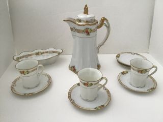 Vintage Nippon Hand Painted Chocolate Pot Set,  W/3 Cups/6 Saucers &pickle Dish