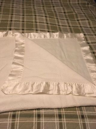 Vintage White Baby Blanket White Satin Trim 36”x48”