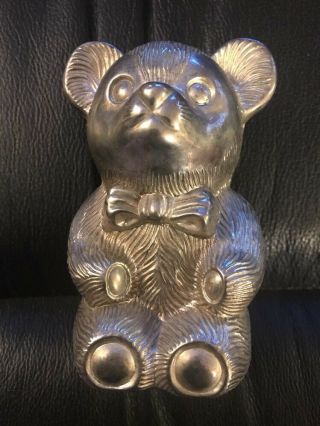 Vintage Silver Plated Bear With A Bowtie Metal Bank - With Stopper Approx.  5”