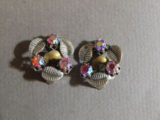 Vtg Silver Tone Pink/red Aurora Borealis Rhinestone Clip On Earrings Marked Star
