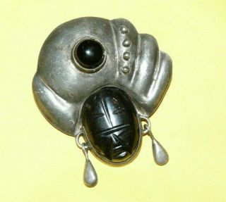 Vintage Mexico Sterling Silver " 925 " / Carved Black Onyx " Face " Pin Brooch 12.  3g