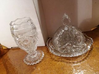 Vintage Hobstar Crystal Butter/cheese Dome & Dish W/footed Vase