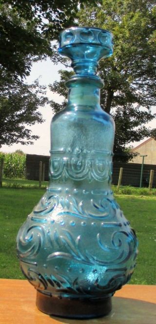 Vintage Era Empoli Glass Blue Decanter Genie Bottle Floral Design