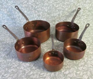 Vintage French Set 5 Copper Saucepans 2.  7 Kg Stamped Iron Handles