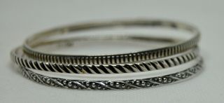 3 Vintage Sterling Silver Bangle Bracelets - Various Pattern Designs