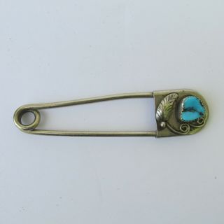 Vintage Southwest Turquoise Silver Feather Large Safety Pin Brooch Signed F.  C.