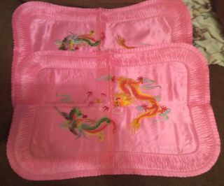 2 Vintage Asian Dragon Phoenix Embroidered Pink Chinese Pillow Case / Sham Set
