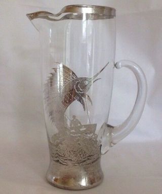 Vintage Sterling Silver Overlay Marlin Sport Fishing Glass Martini Pitcher 9 " T