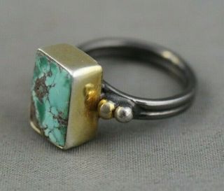 Vintage Southwest Sterling Silver & 14k Artisan Hand Made Turquoise Ladies Ring