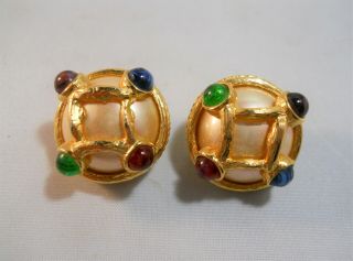 Vintage Signed Carolee Faux Pearl Red,  Green,  Blue,  Purple Cabs Clip Earrings
