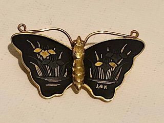 Vintage Japanese Damascene 24k Gold Gilded Butterfly Brooch.