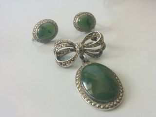 Vintage Silver Marcasite Jadeite Brooch With Matching Earrings