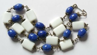 Czech Blue And White Glass Bead Necklace Vintage Deco Style