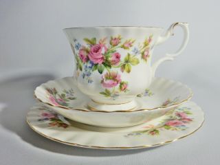 Lovely Vintage Royal Albert Moss Rose Trio Cup Saucer Side Plate Teacup Tea Set
