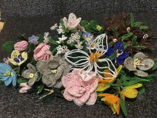 Vintage French Handmade Glass Seed Beaded Assorted Flowers & Leaves Bouquet