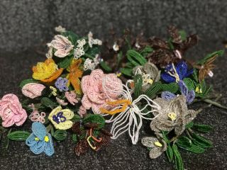 VINTAGE FRENCH HANDMADE GLASS SEED BEADED ASSORTED FLOWERS & LEAVES BOUQUET 4