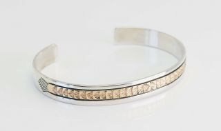 Signed Vintage Sterling Silver Gold Filled Native American Cuff Bracelet By E