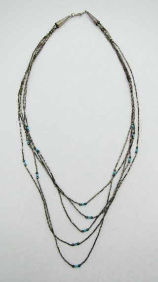 Vintage Native American 5 Strand Liquid Sterling Silver & Turquoise Necklace