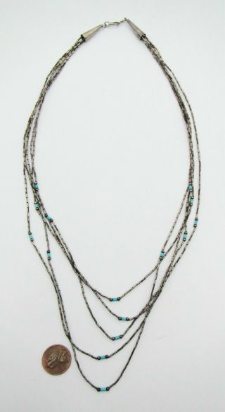 Vintage Native American 5 Strand Liquid Sterling Silver & Turquoise Necklace 2