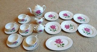 Vintage 22 - Pc.  Childs Tea Play Dishes Set With Pink Roses Japantea Pot And More