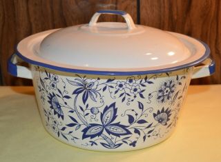 Vintage White Enamelware Pot W/handles & Lid With Blue Flower Trim 8 1/2 X 4