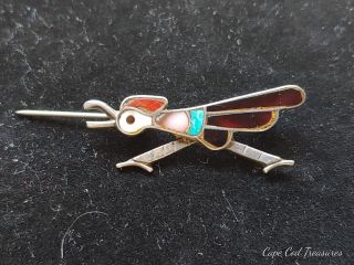 Vintage Native American Zuni Sterling Silver Roadrunner Brooch Pin 1.  5 "