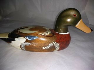 Vintage Hand Carved & Painted Wooden Duck Decoy Glass Eyes Made In Taiwan