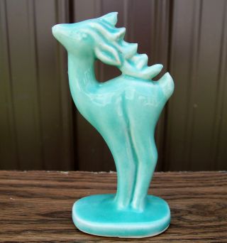 Vtg Roselane Pasadena Art Deco Green Buck Deer Figurine California Pottery 4.  5 "