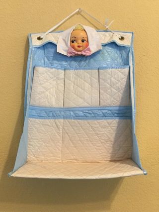 Vintage Nursery Baby Diaper Wall Hanging Organizer Blue & White W/ Doll Face