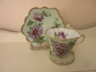 Vintage Rosina Bone China England Green Teacup & Saucer,  Purple Wild Flowers
