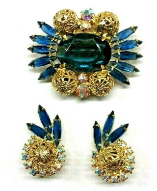 Vintage Juliana D & E Deep Blue Ab Rhinestone Filigree Ball Brooch Earrings