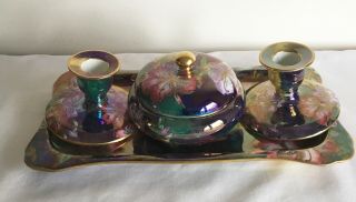 Vintage Art Deco Maling Pottery Lustre Enamels Azaleas Tray Candlesticks Pot