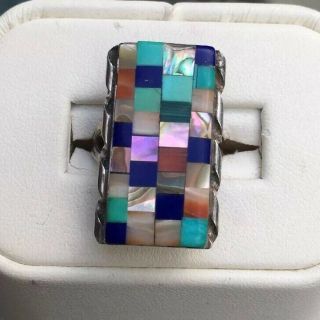 Vintage Sterling Silver Turquoise Mosaic Zuni Indian Ring Size 6 1/2