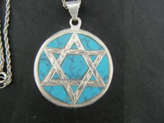 Vtg Large Taxco Mexico Silver Jewish Star Of David Turquoise Pendant Necklace