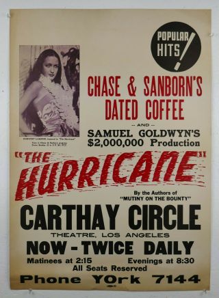 Vtg 1937 Art Deco " The Hurricane " Dorothy Lamour Cardboard Movie Poster