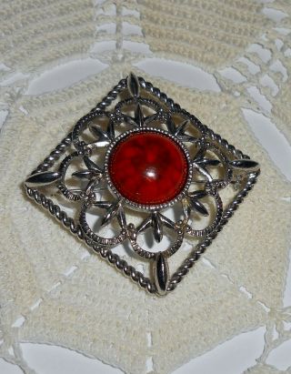 Vintage Sarah Coventry " Inca Fire " Red Lucite Cabochon Brooch Pin Silver Tone