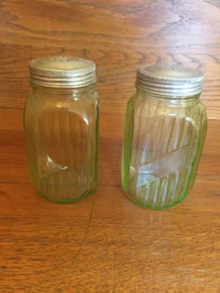 Vintage Green Depression Glass Salt And Pepper Shakers With Aluminum Lids
