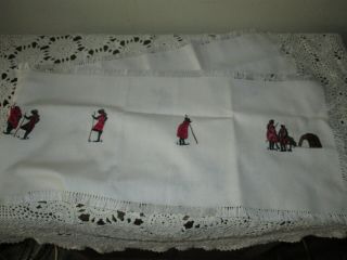 Vintage Embroidered African People Linen Table Runner Minty